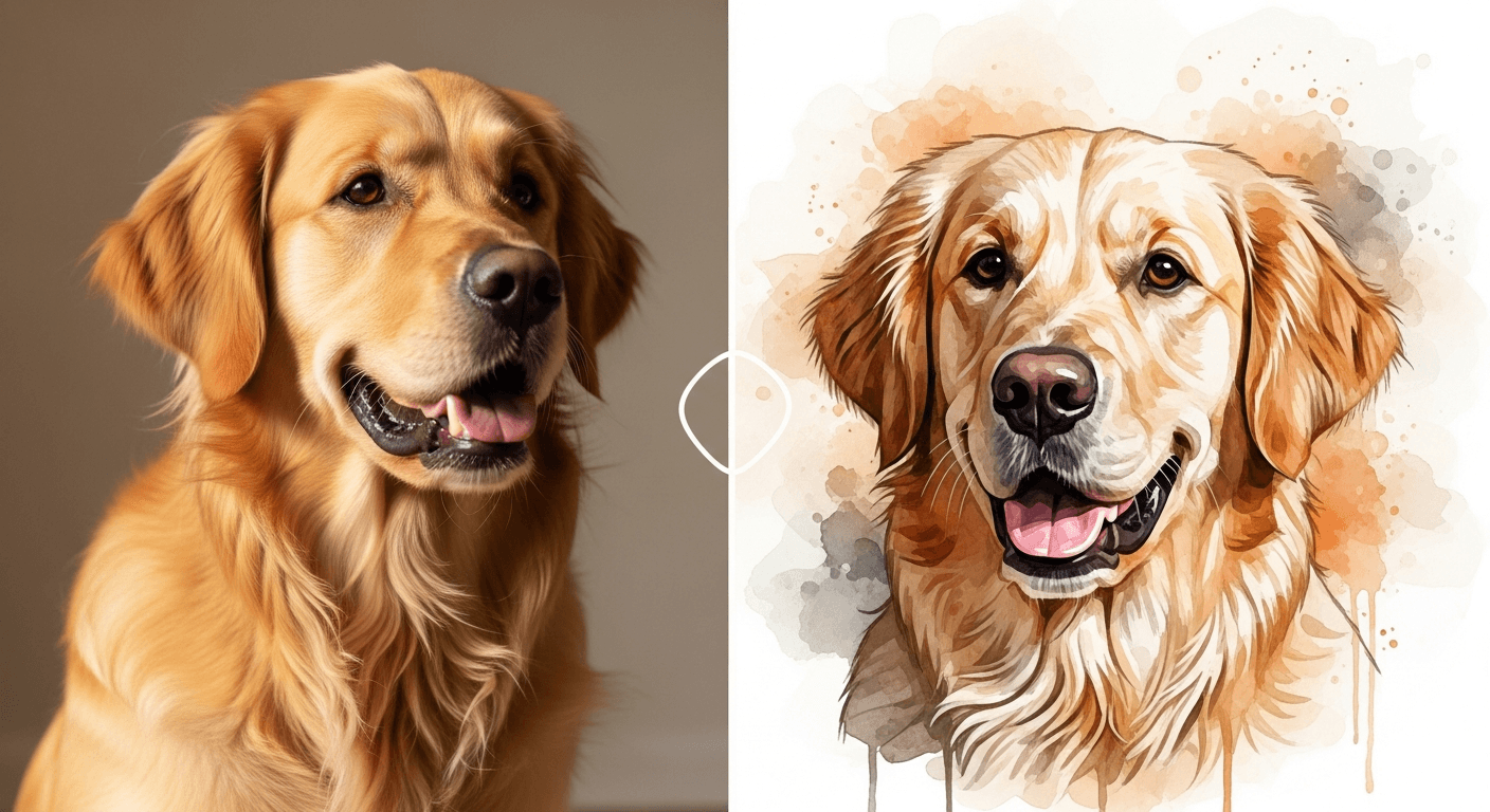 Split-screen showing a real pet photo transformed into AI pet art in PetBuddy Swap.