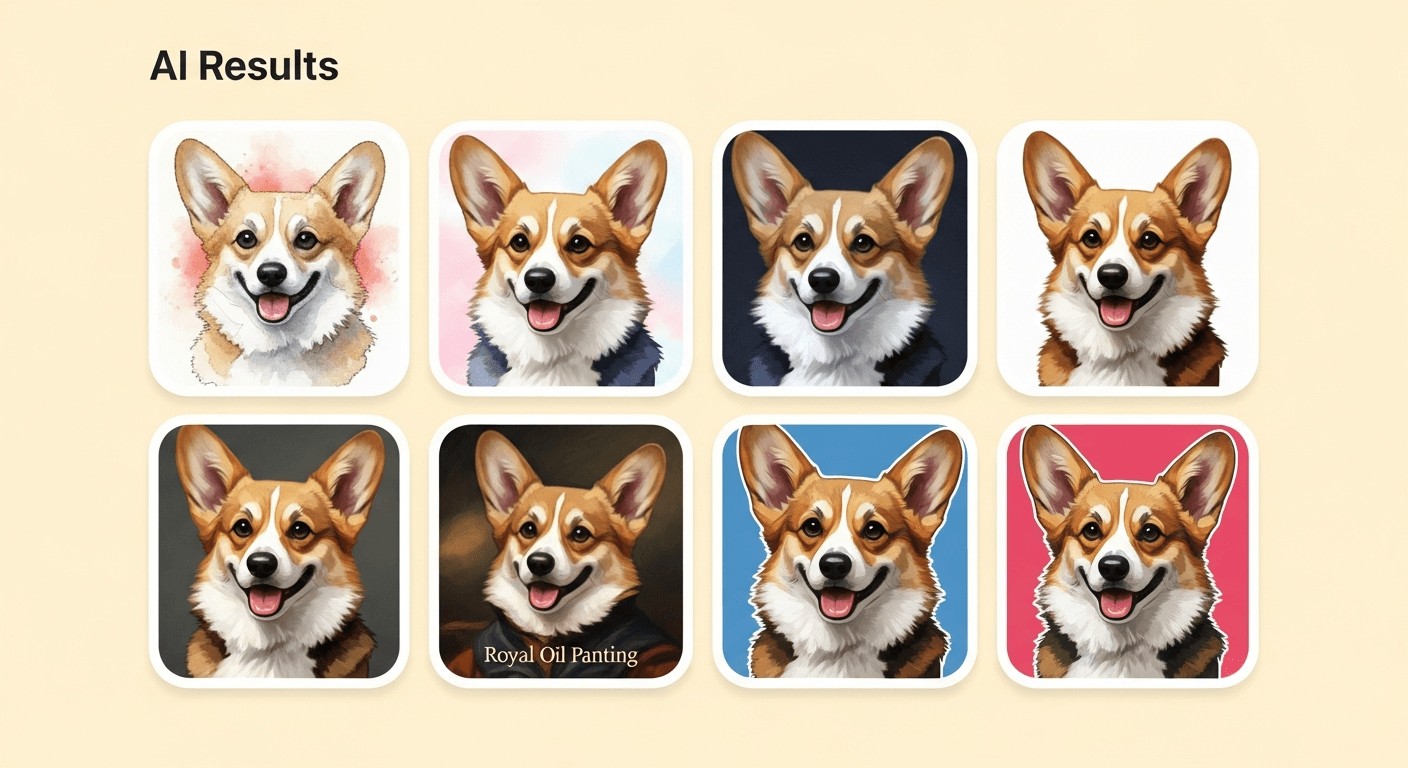 AI-generated pet portrait results shown in a gallery inside PetBuddy Swap.